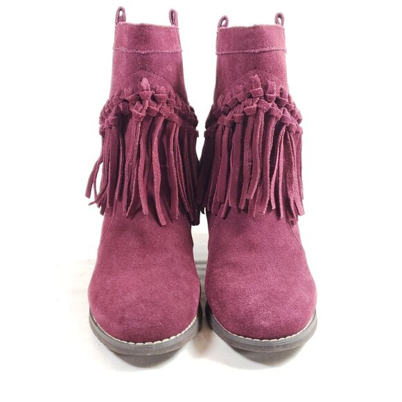 Sbicca Womens 7.5 Suede Fringe Heeled Ankle Boots Burgundy Western Style - Picture 6 of 9